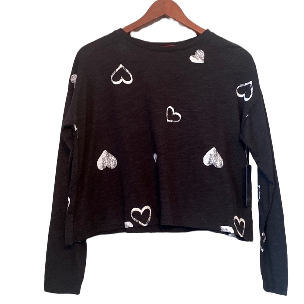 Rachel Roy Long Sleeved White Hearts Black Top